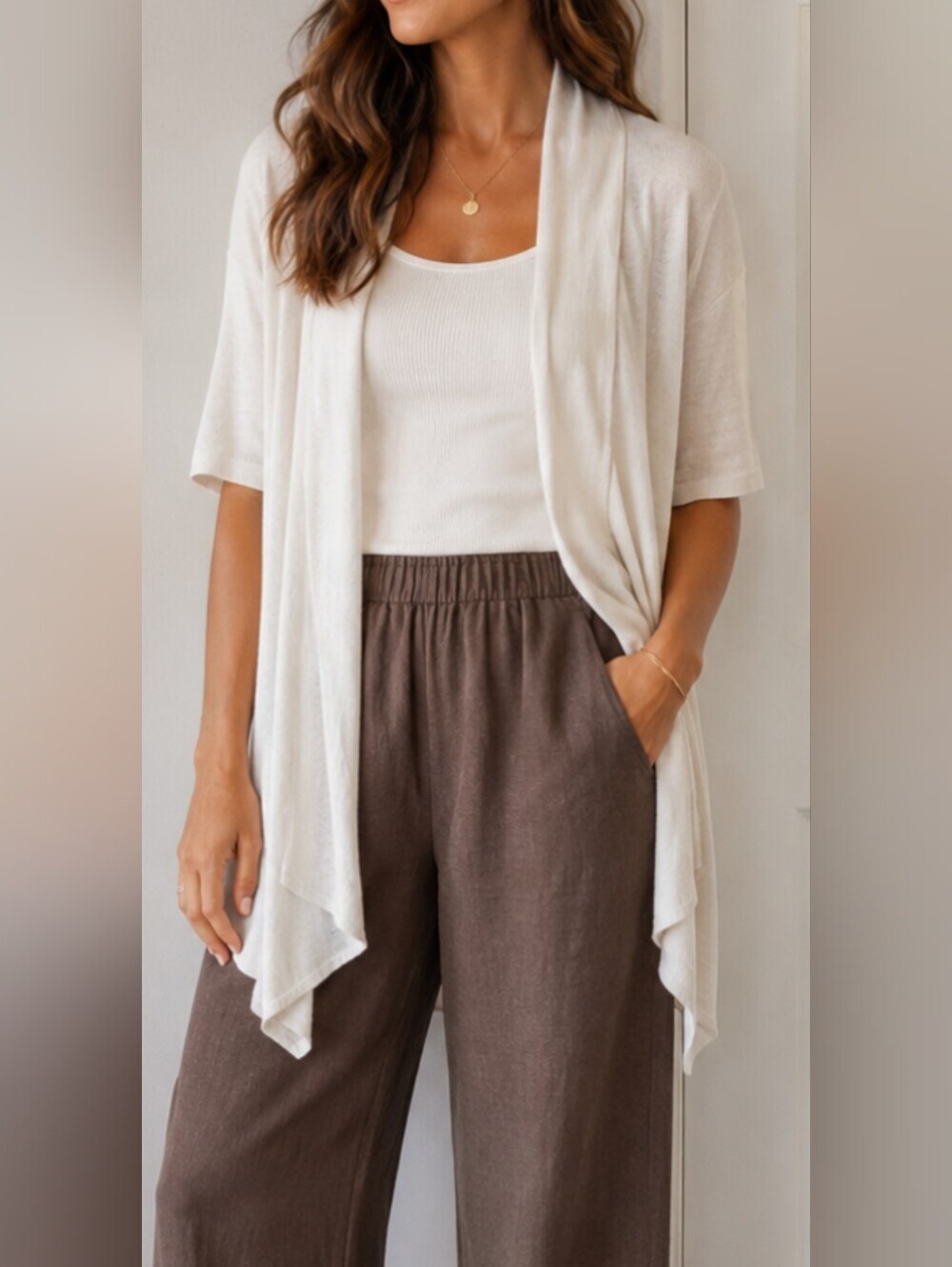 Eileen Fisher Linen Blend Long Open Front Cardigan Short Sleeve Duster Medium